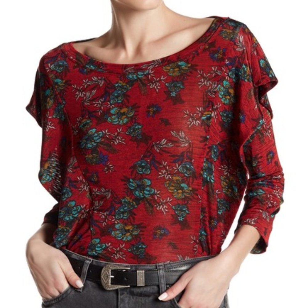 Free People | Red Floral Ruffle Long Sleev…